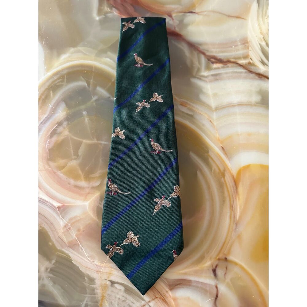 Vintage Fortnum & Mason London Silk Tie Green Pheasant Bird Hunting